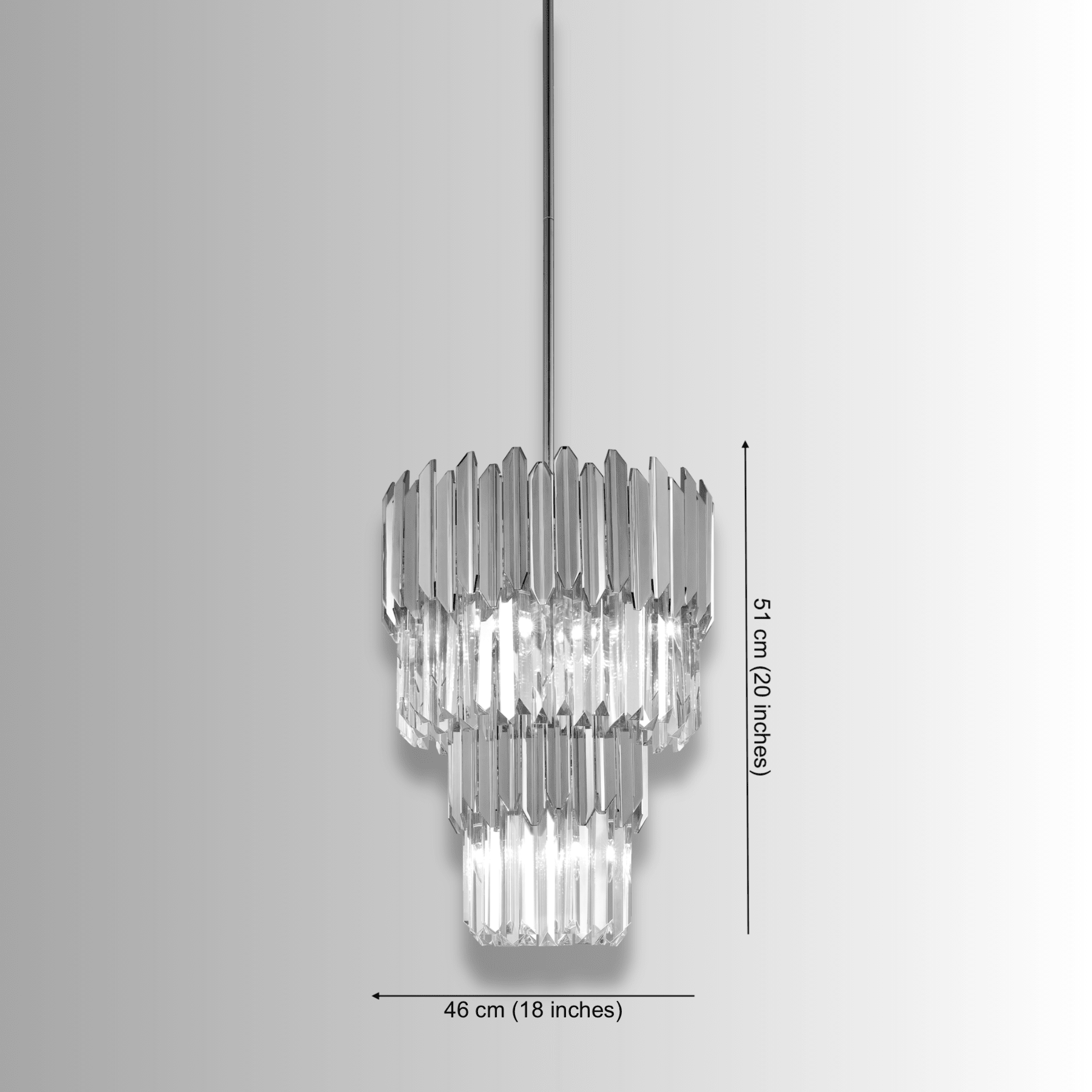 Crystal pendant lighting dimensions showing 46cm diameter and 51cm height for kitchen island planning.
