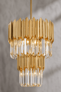 Close-up of Zarrin Calyrex 24K gold crystal pendant light with precision-cut crystal and luxury finish