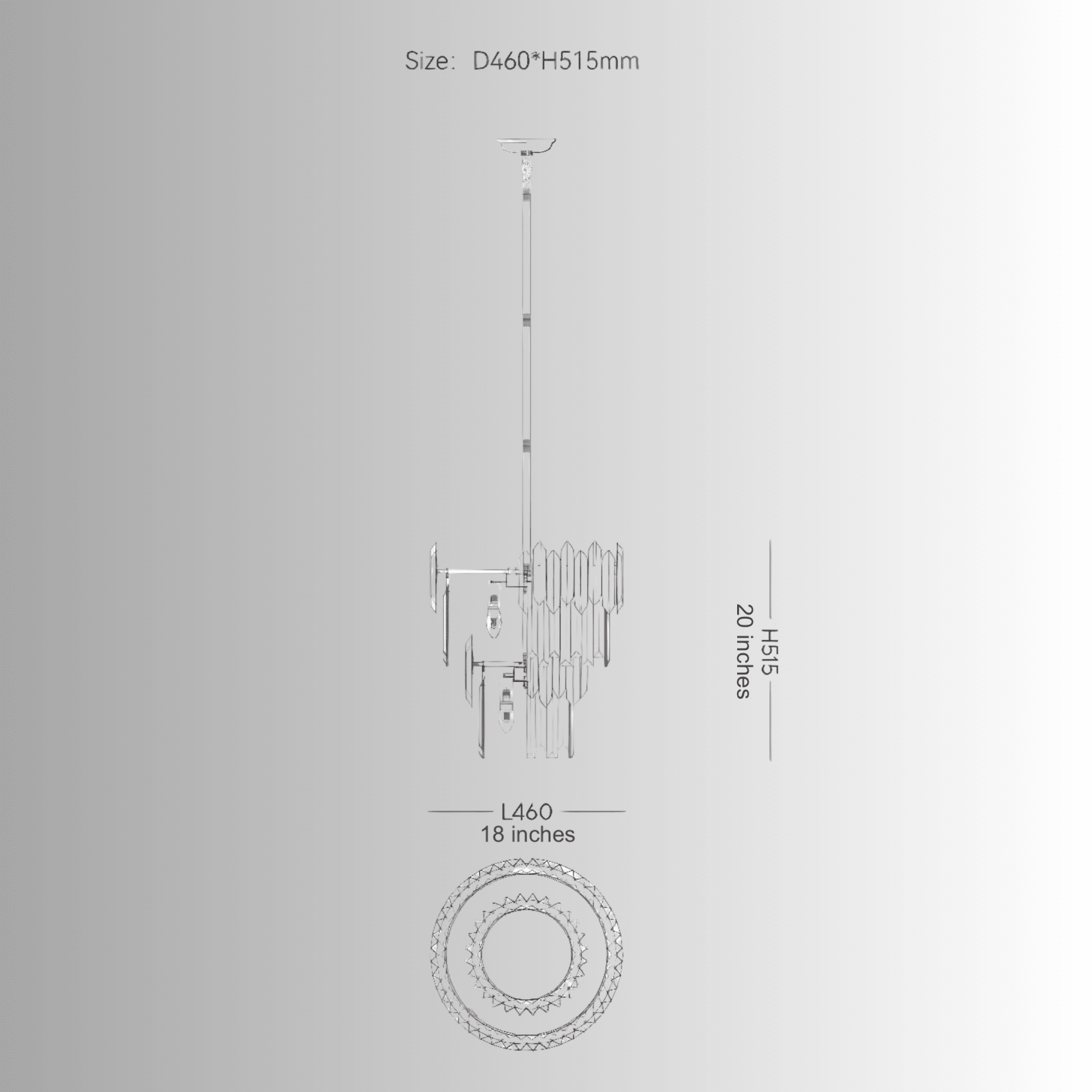 Technical diagram of crystal pendant lighting showing rod suspension and structural layout.