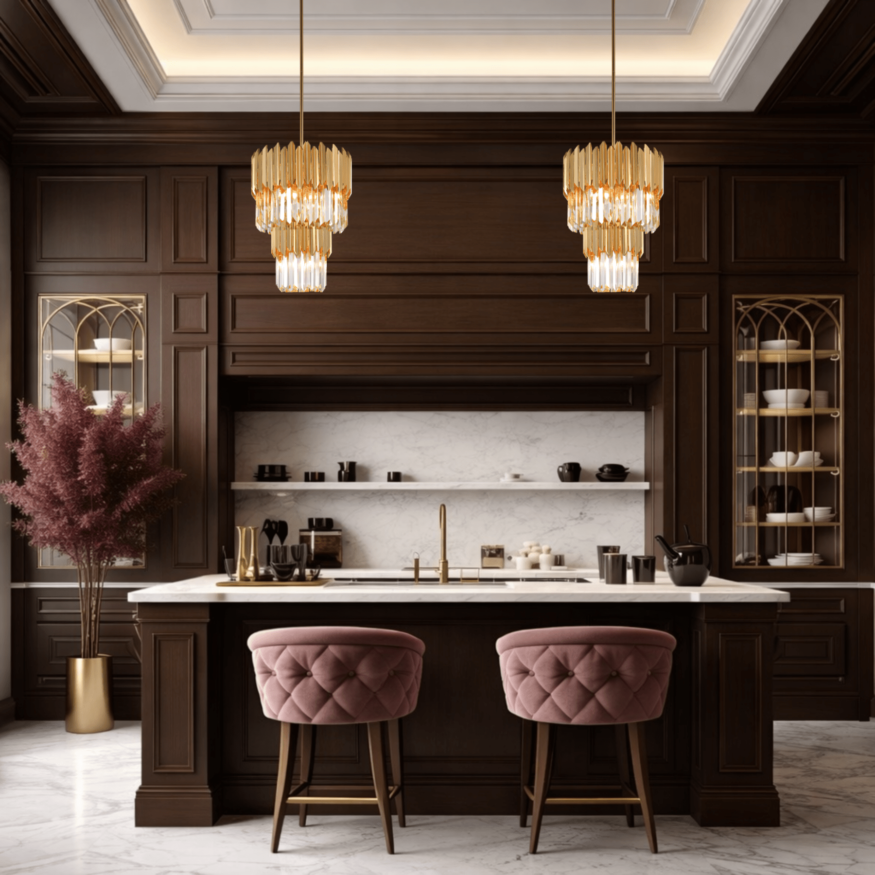 Luxury crystal kitchen island pendant lighting installed above marble island in high-end interior.