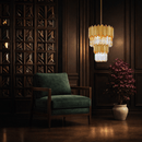 Luxury crystal pendant lighting installed in refined interior lounge with architectural wall detailing.