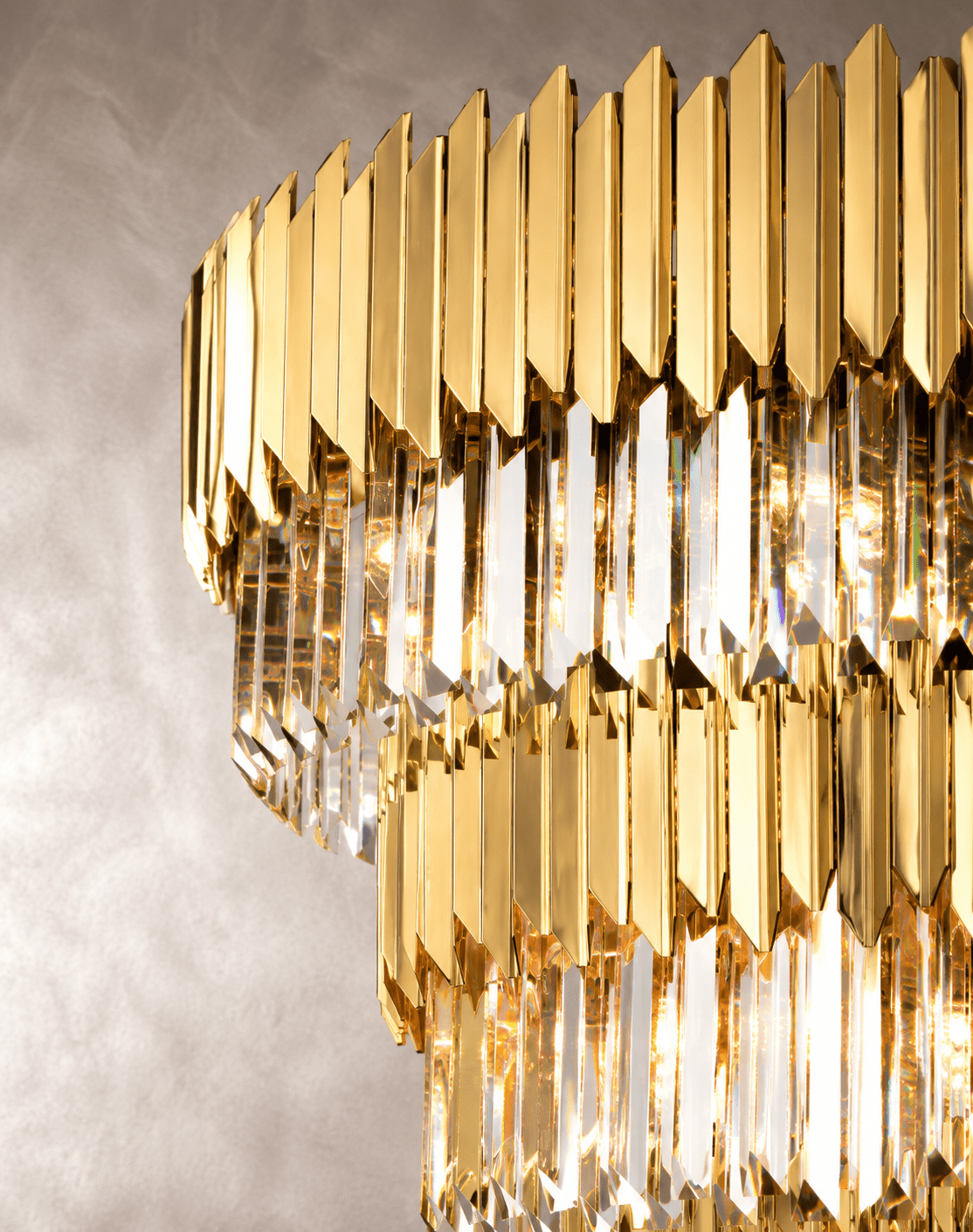 Close-up of Zarrin Celarion gold crystal chandelier with faceted lead-free crystal and 24K finish