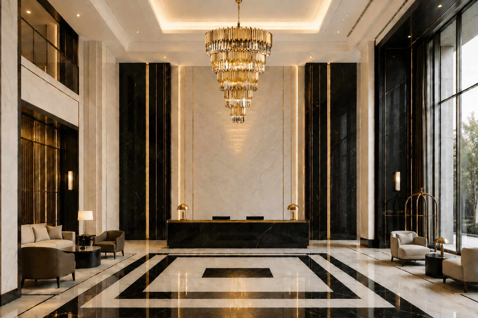 Zarrin Celarion extra large gold crystal chandelier installed in a luxury double-height hotel lobby
