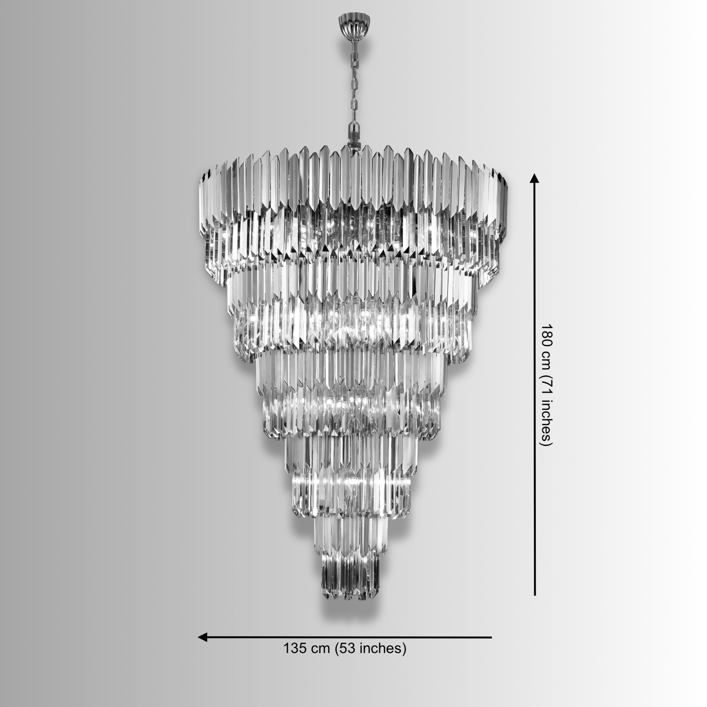 Five-tier crystal chandelier dimensions diagram showing 135cm diameter and 180cm height