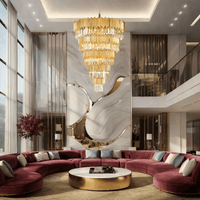 Grand crystal chandelier installed in a luxury double-height living room with cascading tiered design
