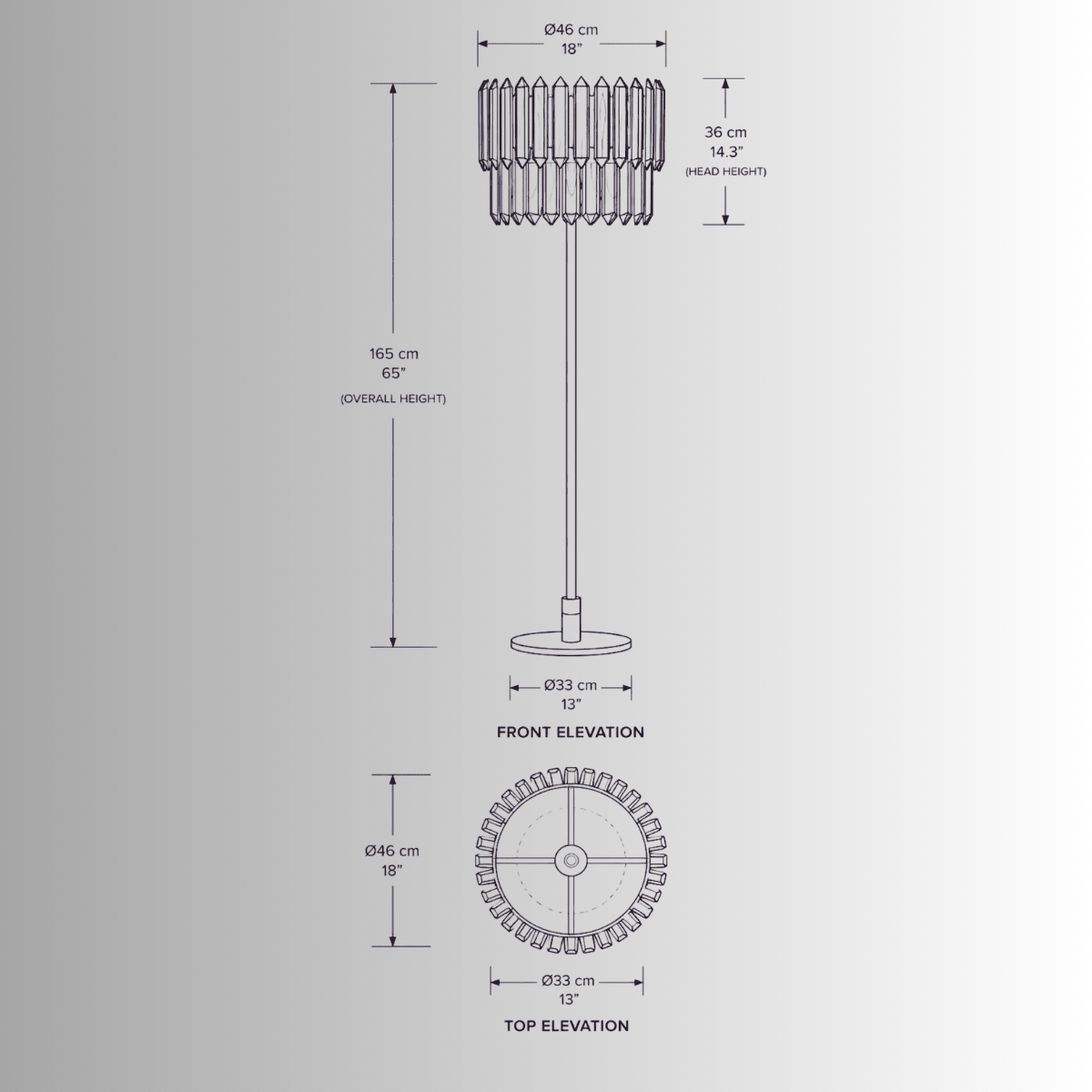 CAD technical drawing of Zarrin Corvane Crystal and gold floor lamp by HDLS Lighting.