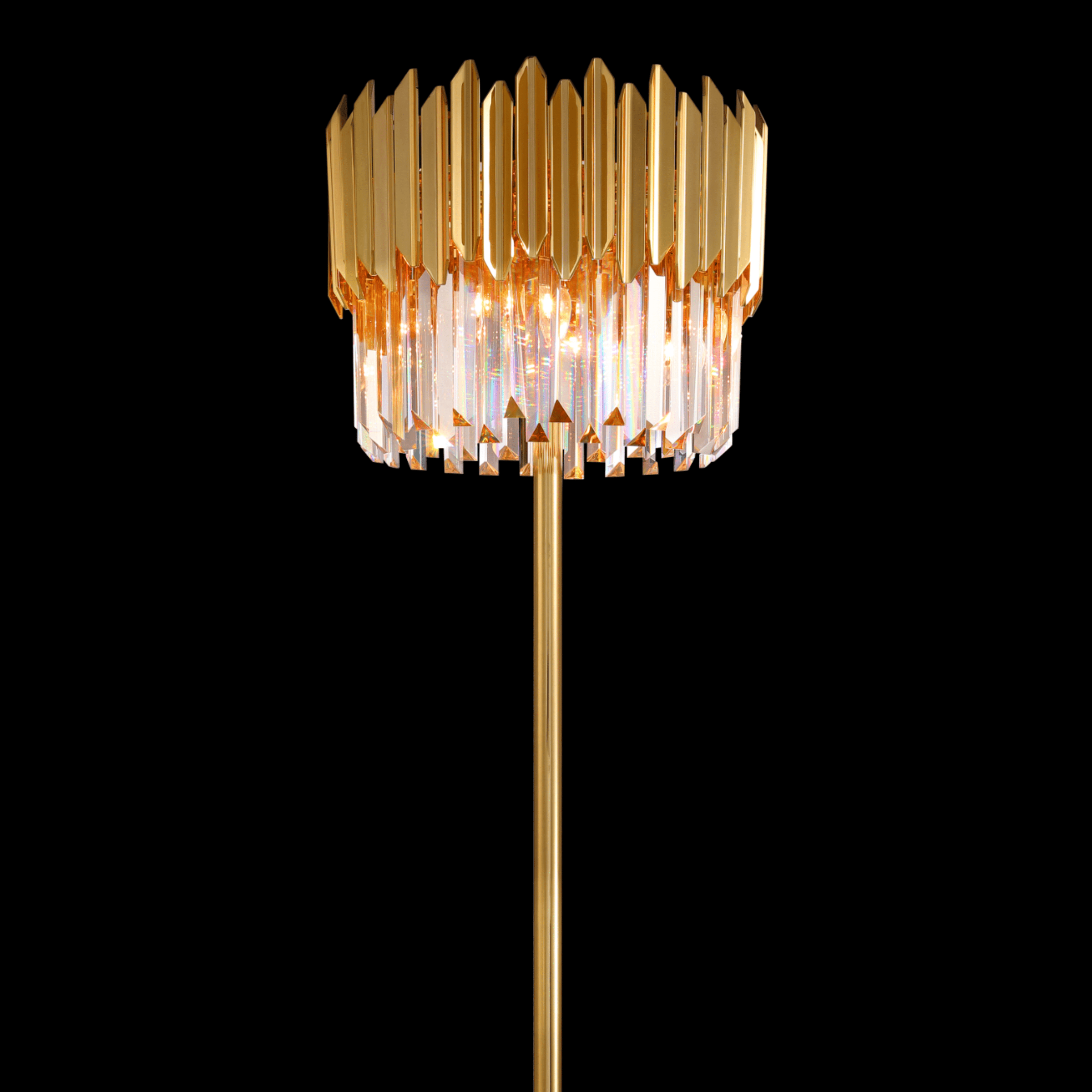 Close-up of faceted crystal prisms and polished gold frame forming architectural drum floor lamp