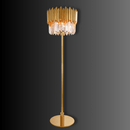Luxury gold and crystal floor lamp with faceted crystal drum and polished vertical stem on dark background