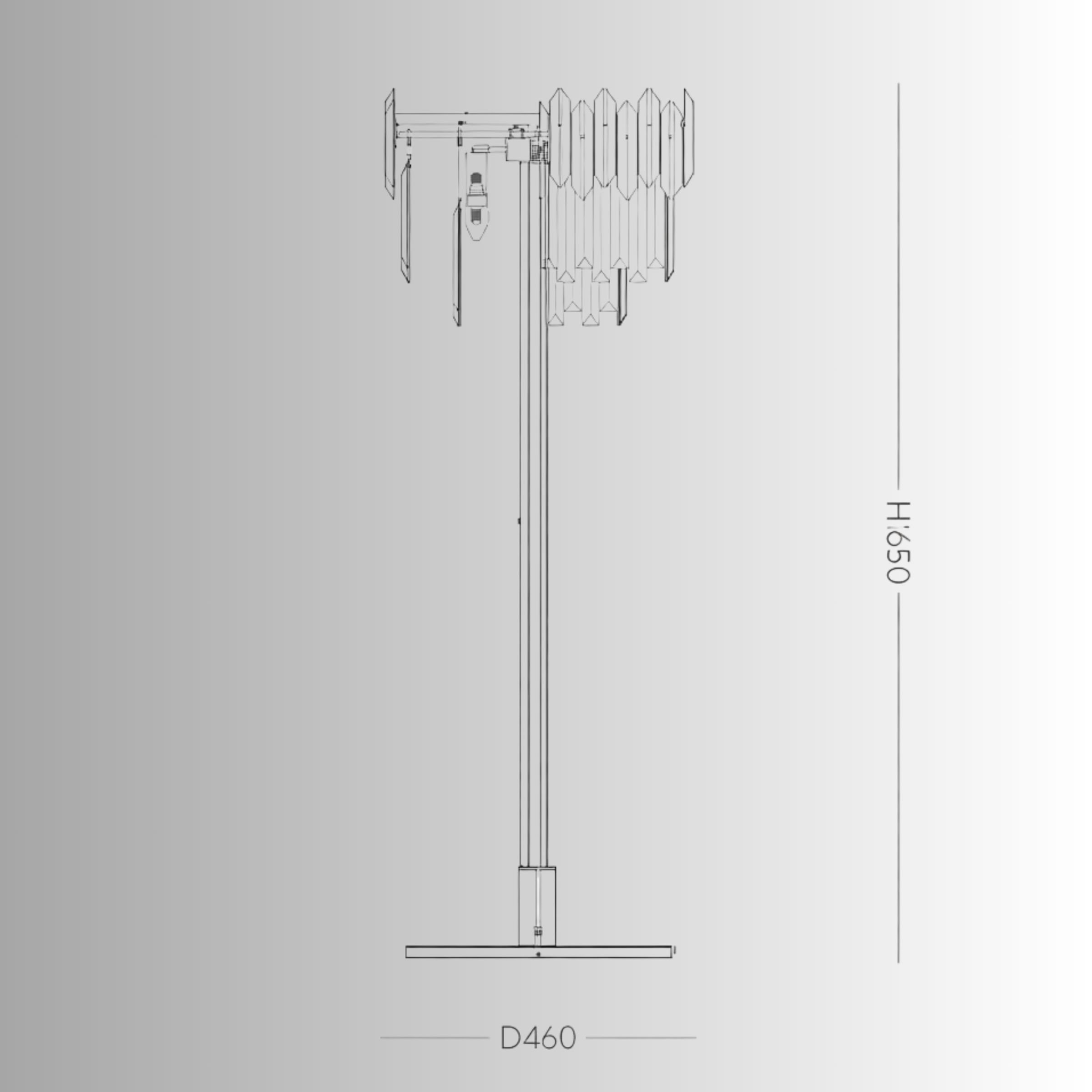 Technical drawing showing 165 cm height and 46 cm diameter for luxury crystal floor lamp