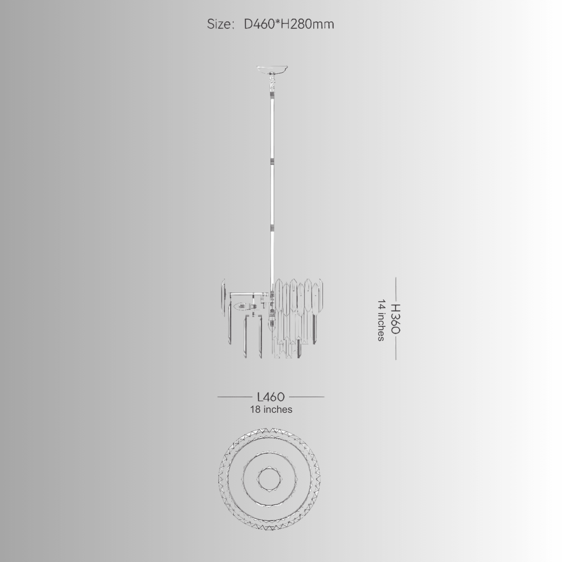 Technical drawing of crystal pendant showing suspension length and circular mounting structure.