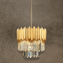 Zarrin Elowen gold crystal pendant chandelier with layered prisms and 24K gold finish, shown front view.
