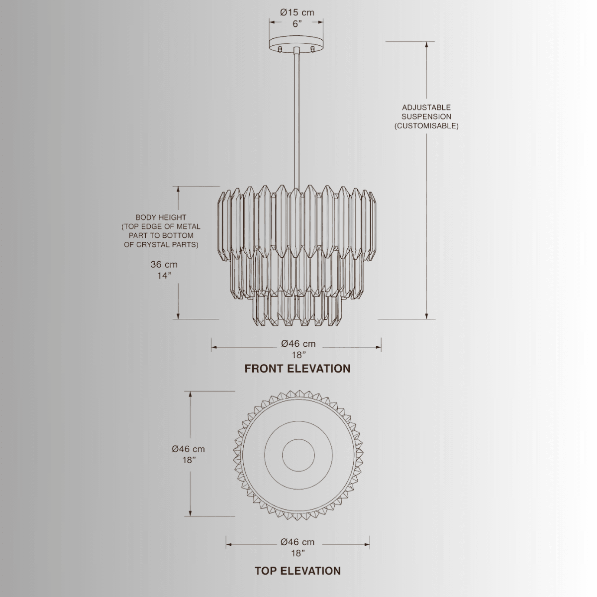 CAD technical drawing of Zarrin Elowen crystal pendant light fixture by HDLS Lighting.