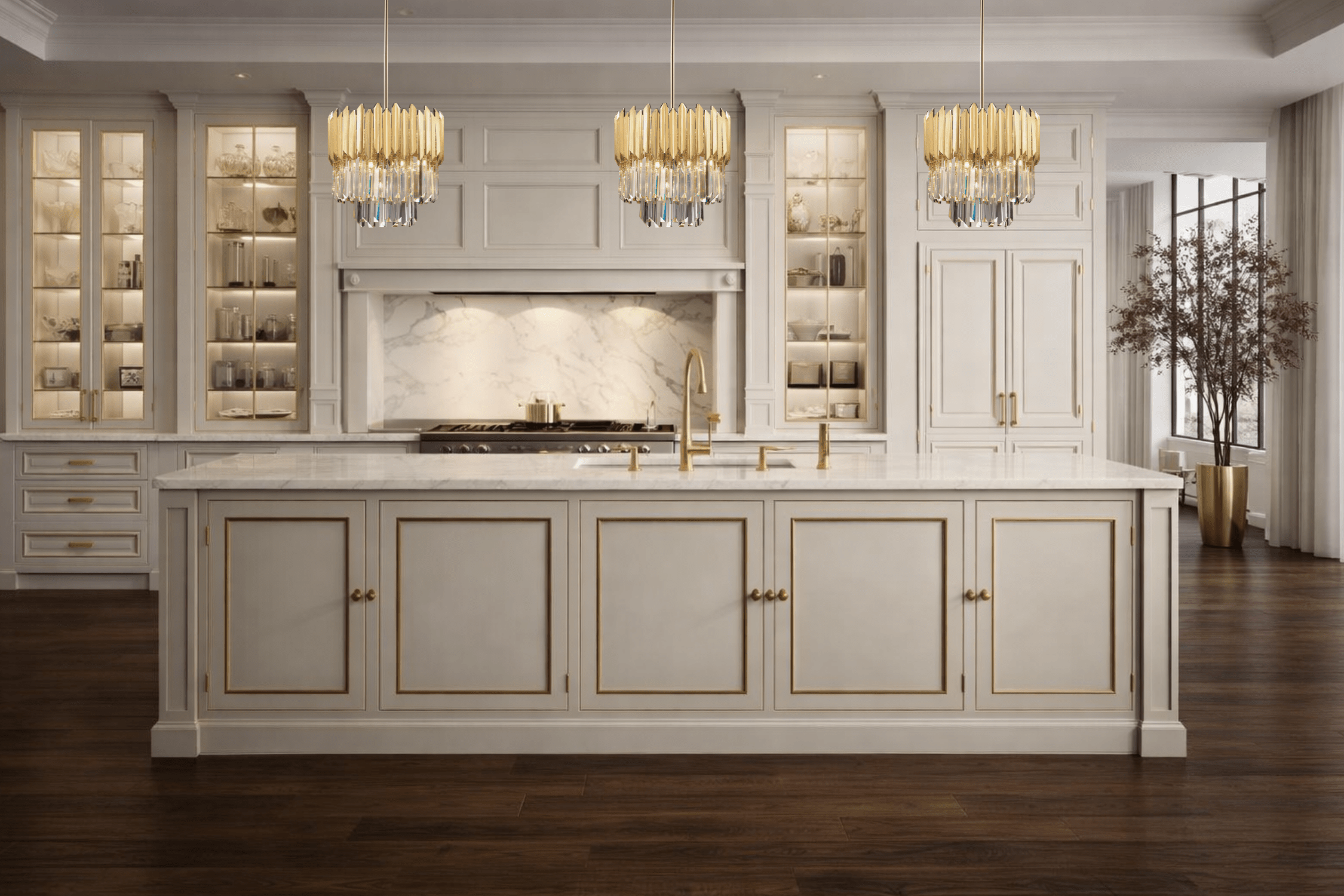 Three gold crystal pendants installed above a marble kitchen island in a luxury architectural kitchen.