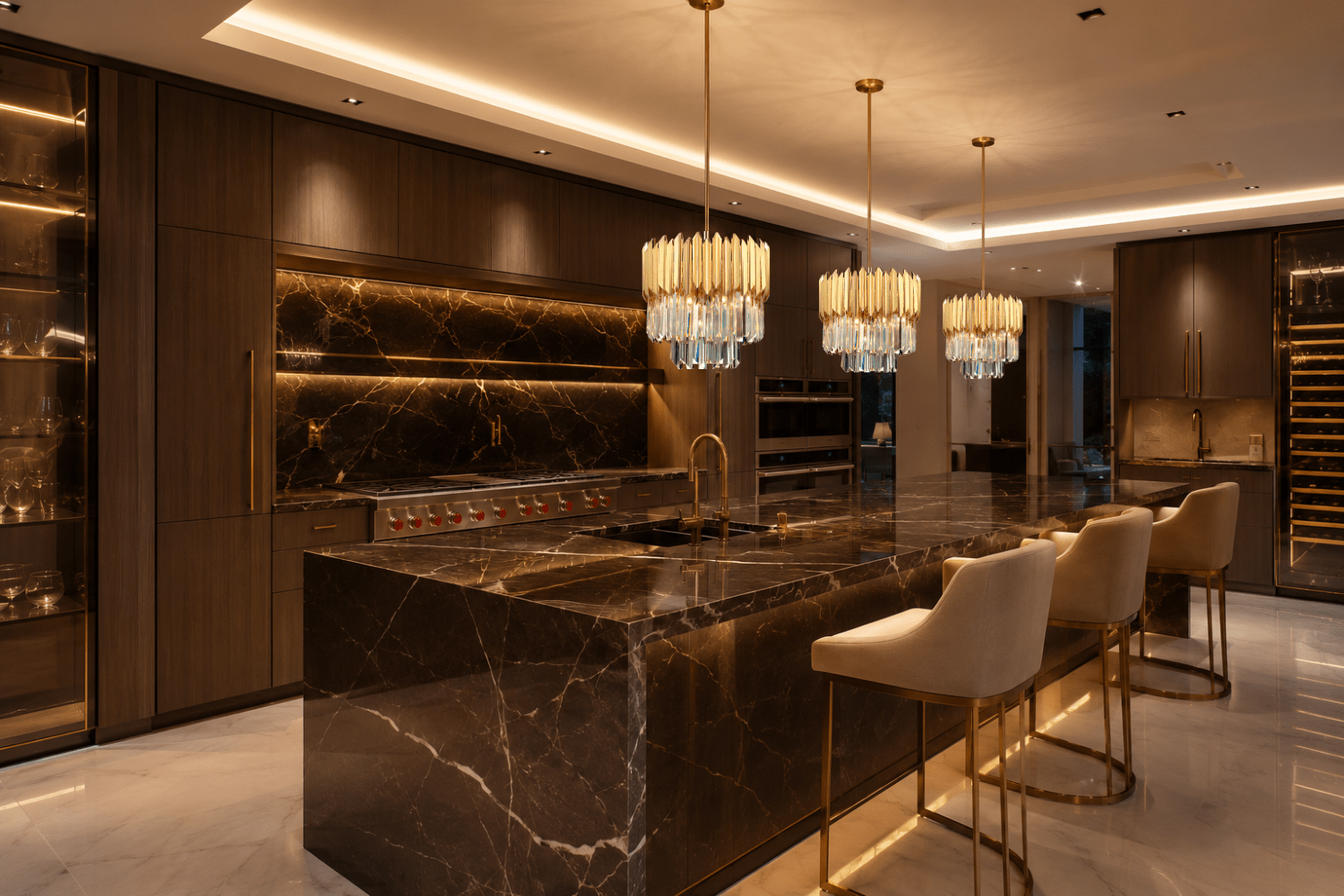 Zarrin Elowen crystal light pendant installed in a kitchen island in a high-end residence in Texas.