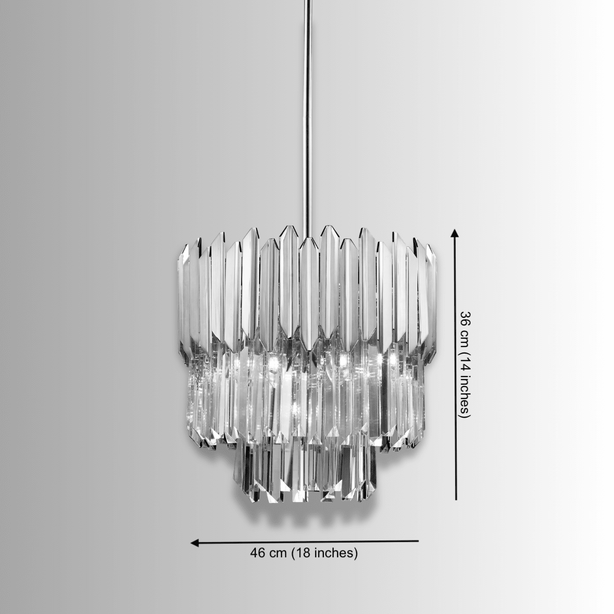 Crystal pendant chandelier dimensions showing 46 cm diameter and 36 cm height for installation planning.