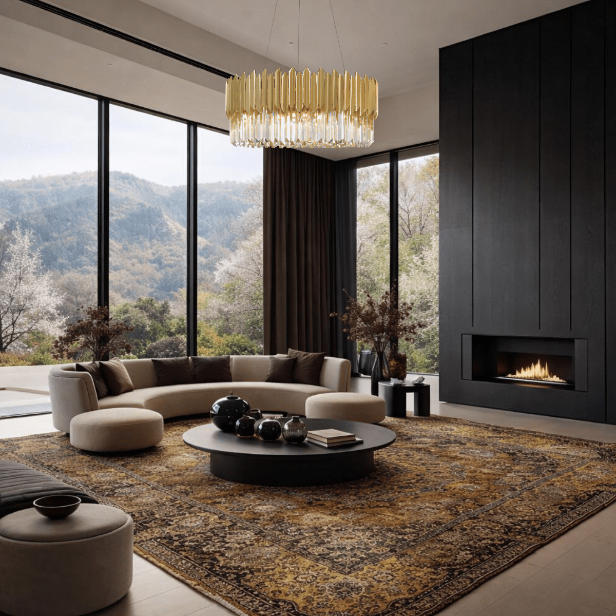 Zarrin Halo gold crystal chandelier installed in modern living room with panoramic mountain views.