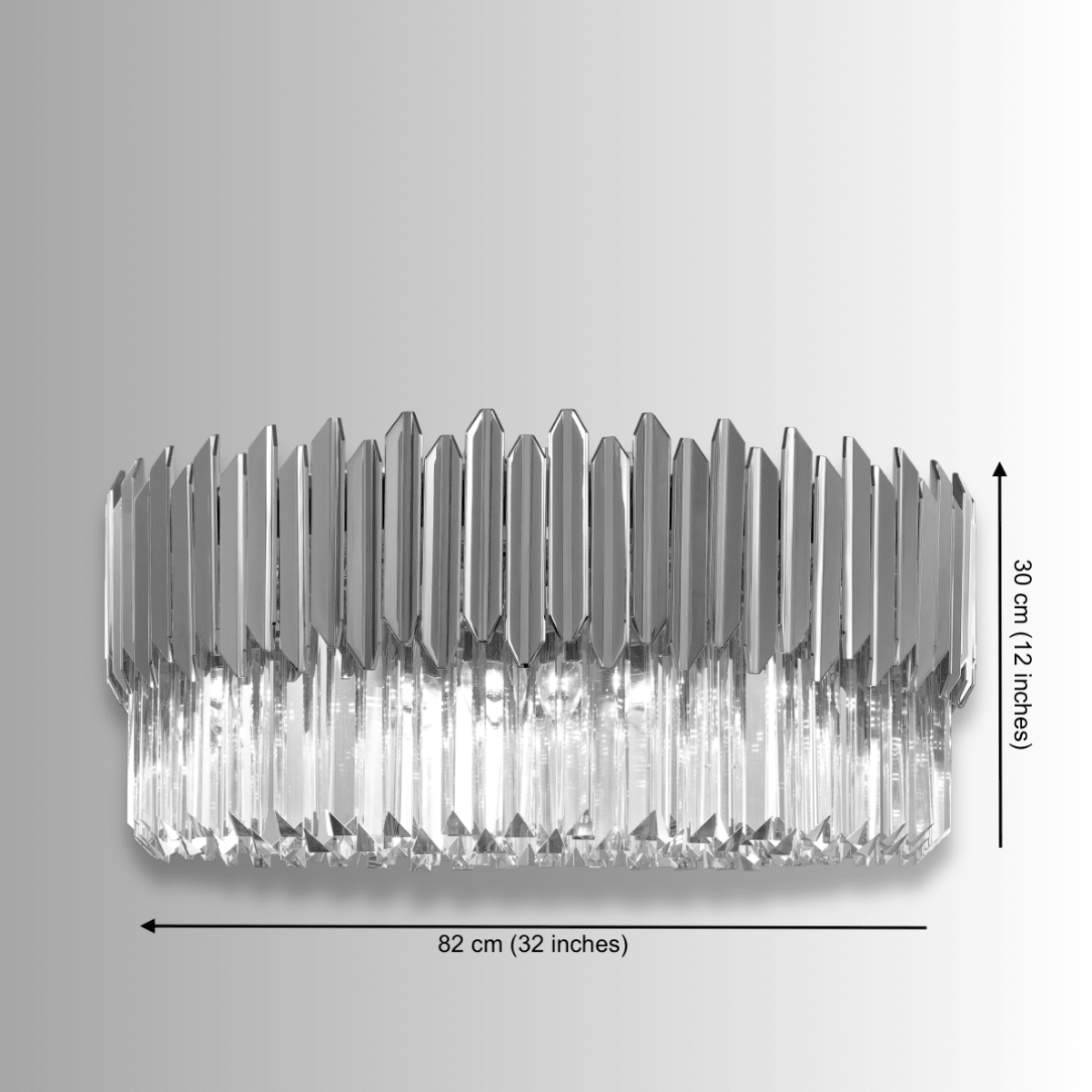 Technical diagram of Zarrin Halo chandelier showing 82 cm(32 inches) diameter and 30 cm(12 inches) body height.