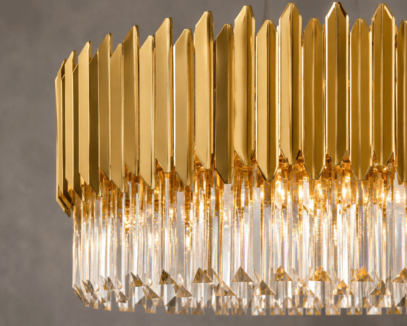 Close-up of Zarrin Halo 24K gold luxury crystal chandelier with precision-cut lead-free crystal details
