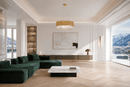 Zarrin Halo 24K gold luxury crystal chandelier installed in a modern Swiss living room with mountain views