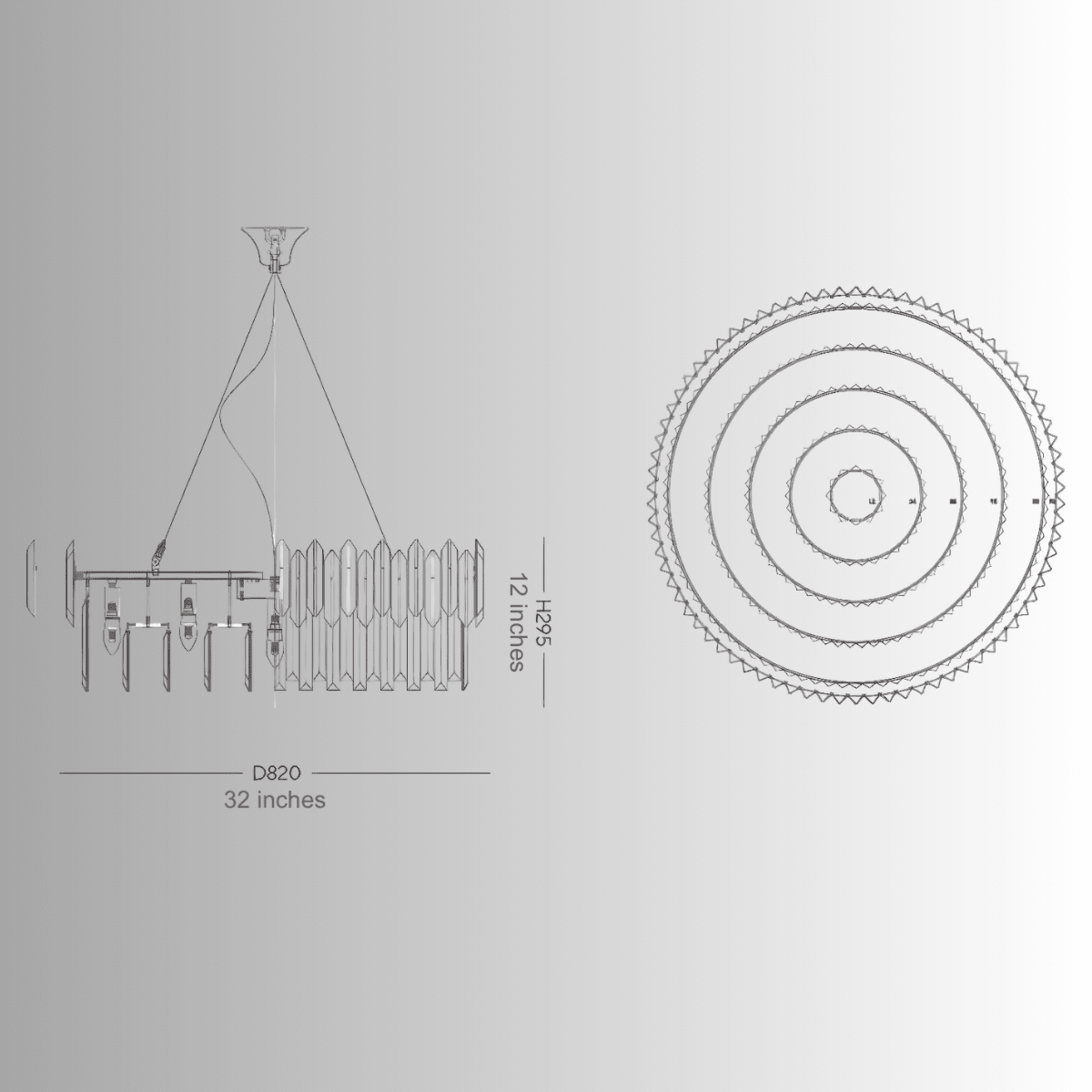 Engineering drawing of Zarrin Halo chandelier showing suspension cables and circular structure layout.