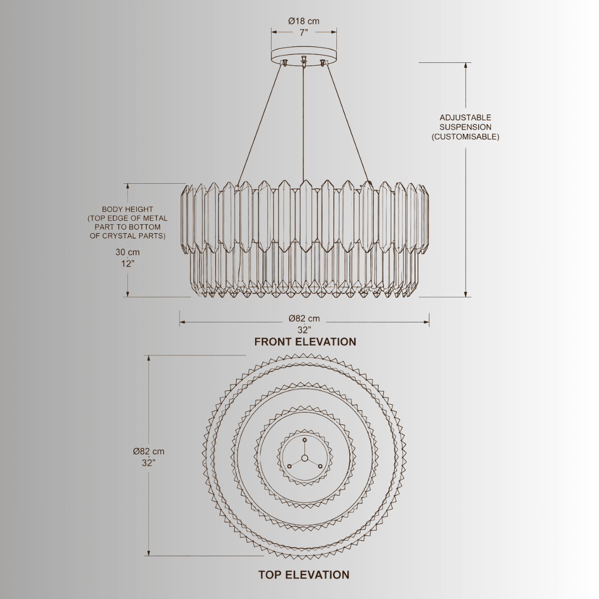Technical CAD drawing of Zarrin Halo 24K gold luxury crystal chandelier with front and top elevation dimensions