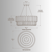 Technical CAD drawing of Zarrin Halo 24K gold luxury crystal chandelier with front and top elevation dimensions