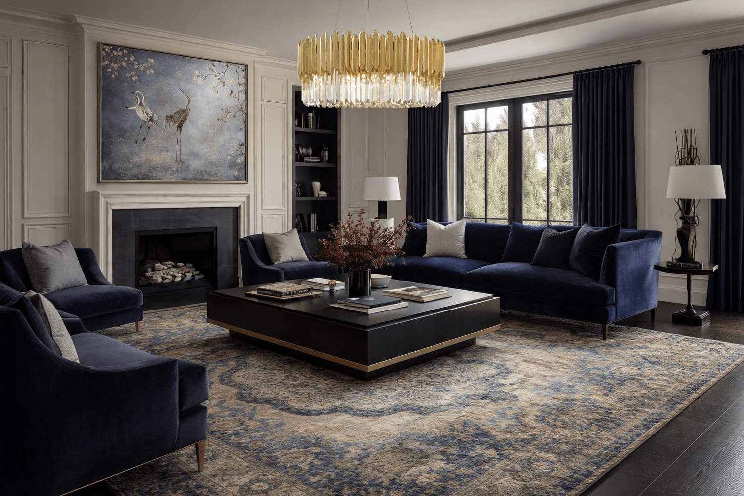Zarrin Halo chandelier suspended in classic living room with navy seating and architectural fireplace.
