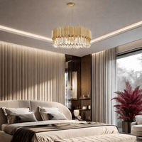 Zarrin Luceris chandelier installed in luxury bedroom creating warm layered lighting in refined private interior.