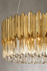 Close-up shot of the meatal and crystal parts of the Zarrin Luceris chandelier by HDLS Lighting.