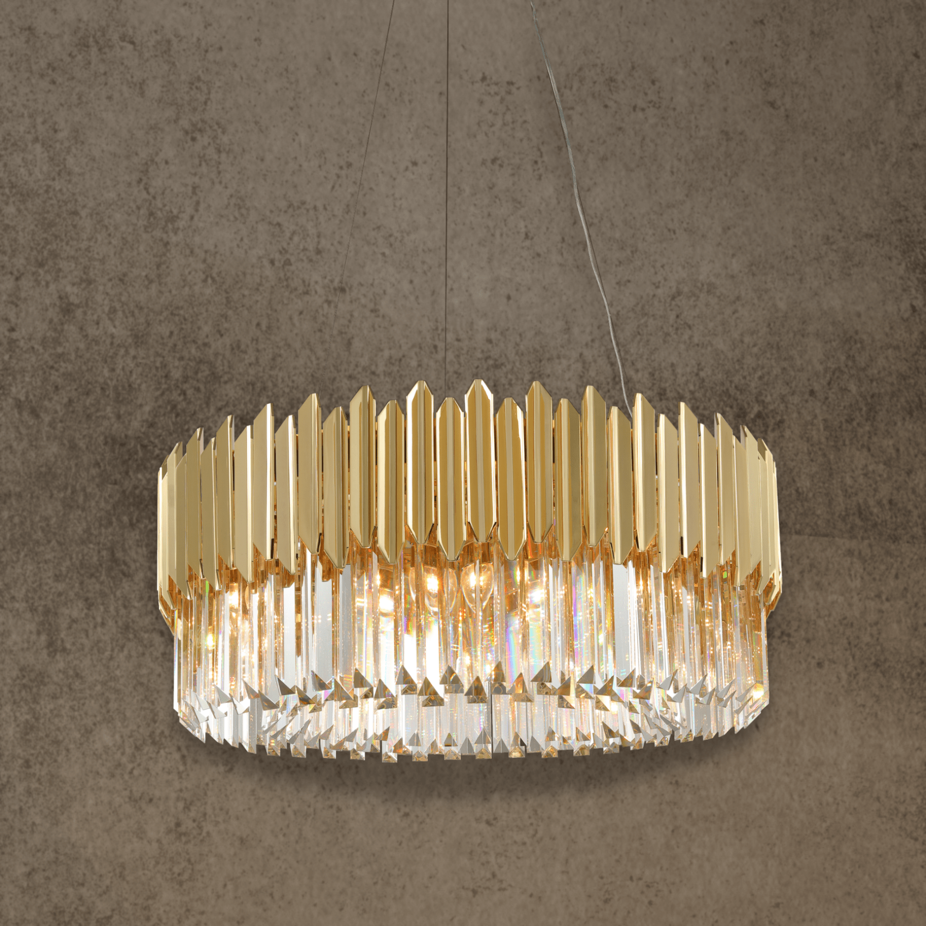 Zarrin Luceris sculptural crystal chandelier in 24K gold plated stainless steel designed for contemporary luxury interiors