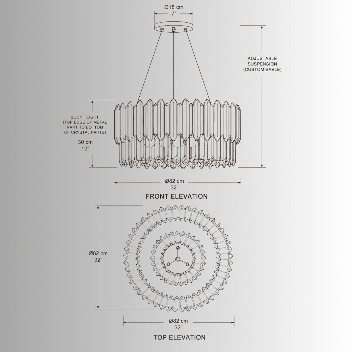 CAD technical drawing of the Zarrin Luceris Crystal pendant chandelier by HDLS Lighting.
