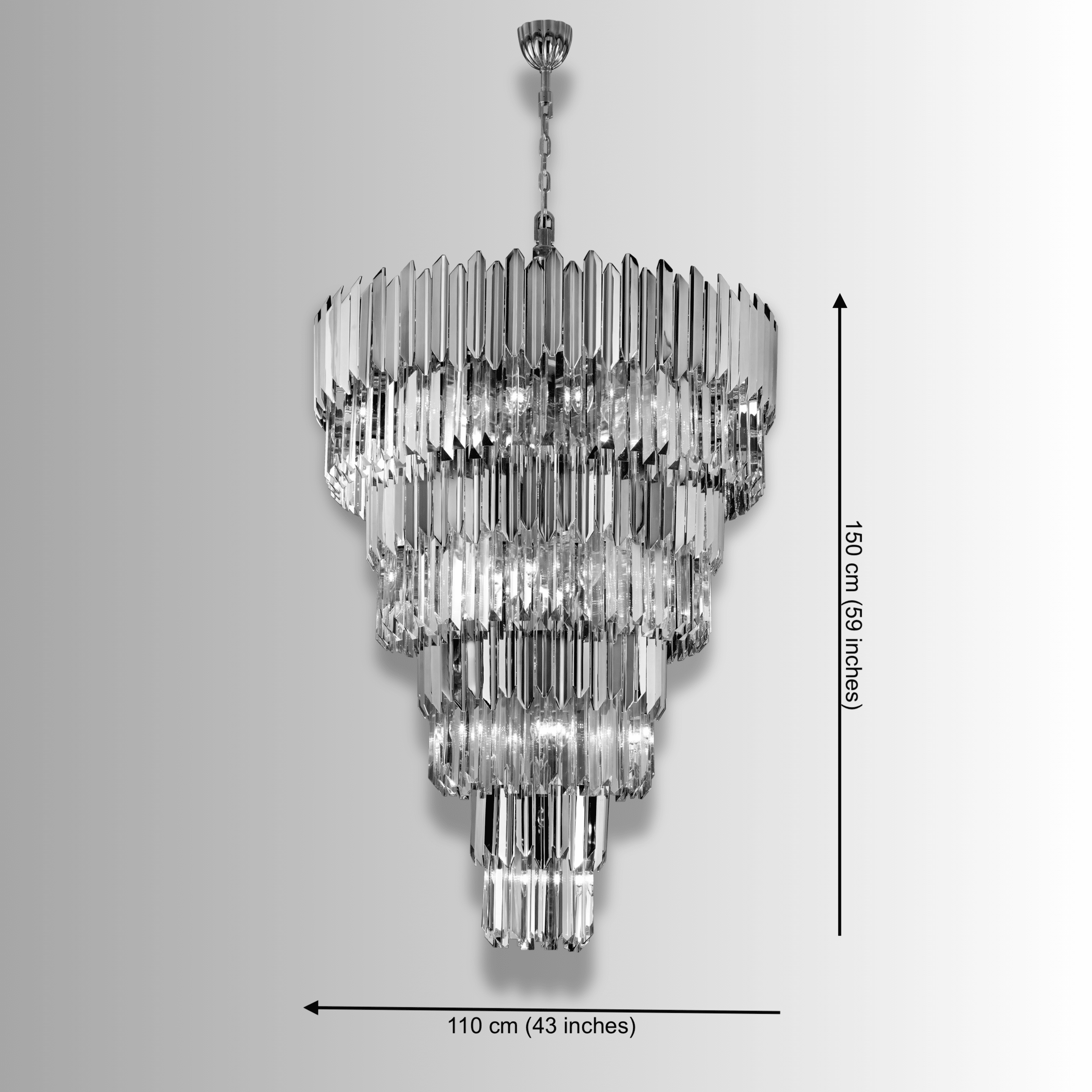 Four-tier crystal chandelier dimension diagram showing 110cm diameter and 150cm height