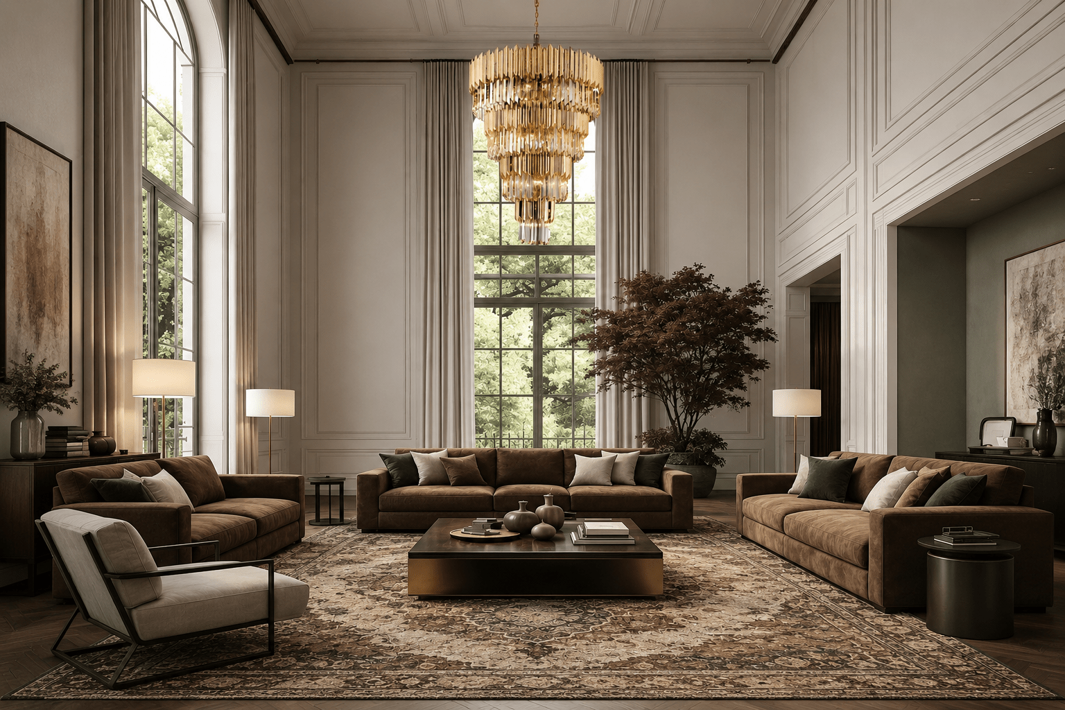 Zarrin Lumérion grand tiered crystal chandelier in a double-height luxury living room installed in the Hamptons USA.