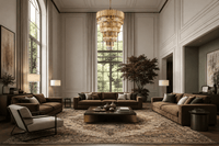 Zarrin Lumérion grand tiered crystal chandelier in a double-height luxury living room installed in the Hamptons USA.