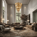 Grand crystal chandelier installed in a luxury double-height living room interior