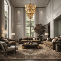 Grand crystal chandelier installed in a luxury double-height living room interior