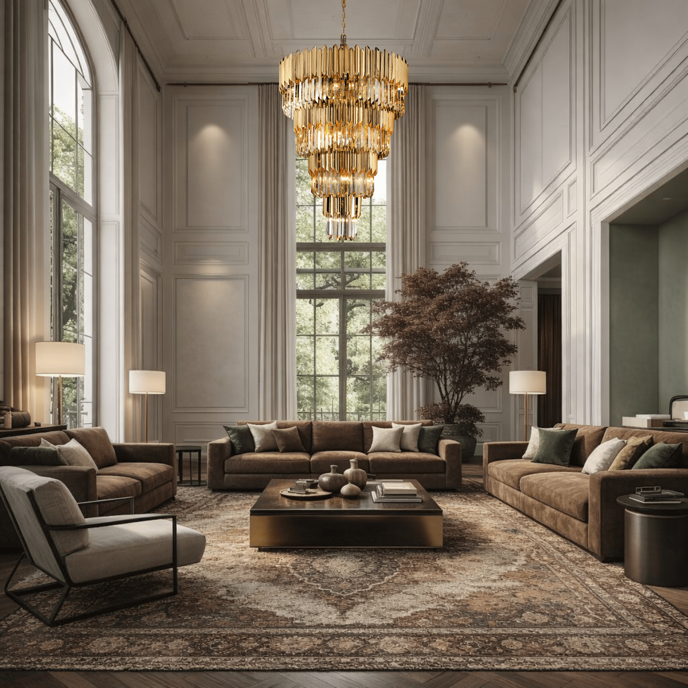 Grand crystal chandelier installed in a luxury double-height living room interior