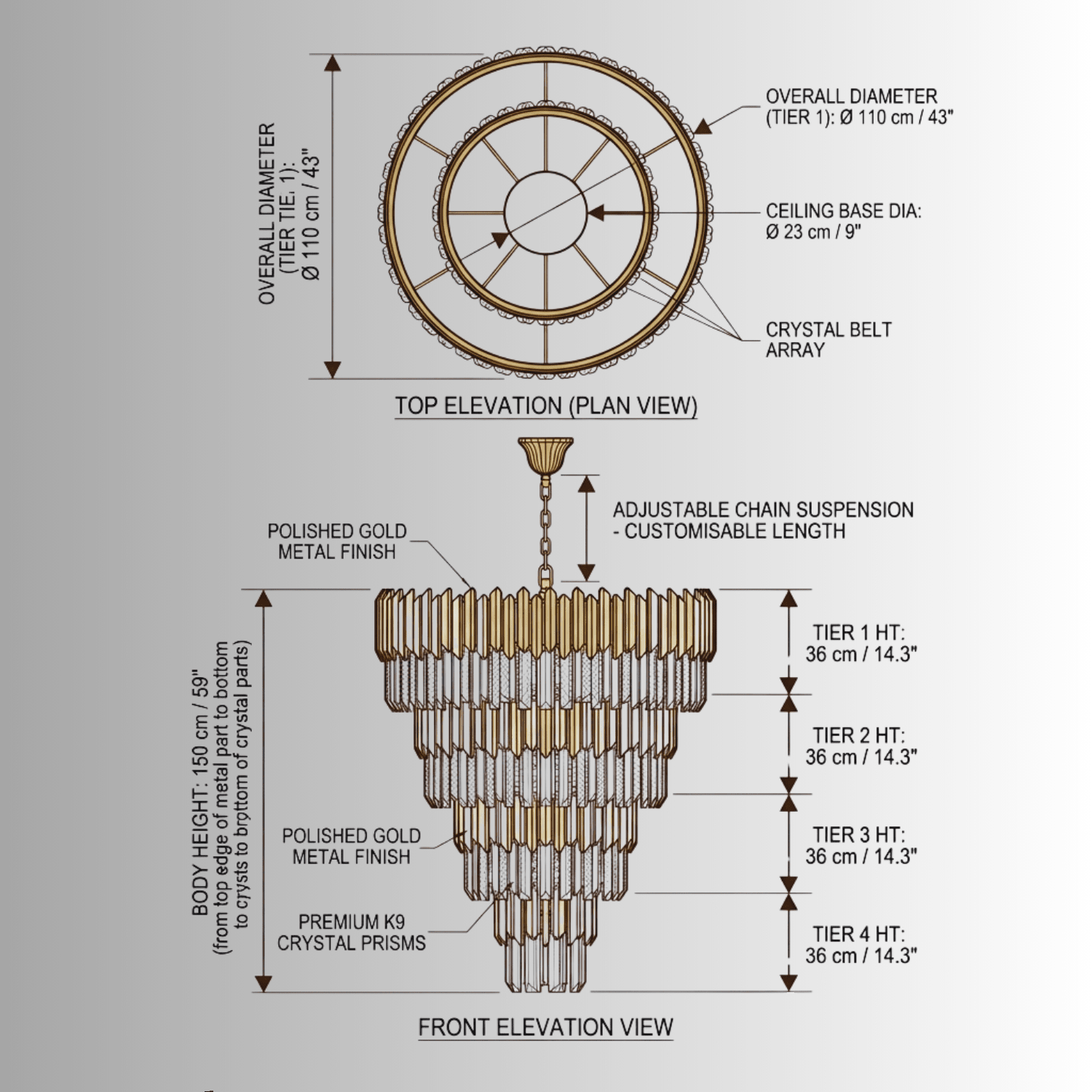Zarrin Lumérion chandelier CAD technical drawing with front elevation, top view and architectural dimensions