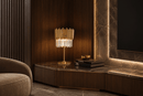 Zarrin Serella luxury crystal table lamp styled on marble console with 24K gold finish and ambient lighting