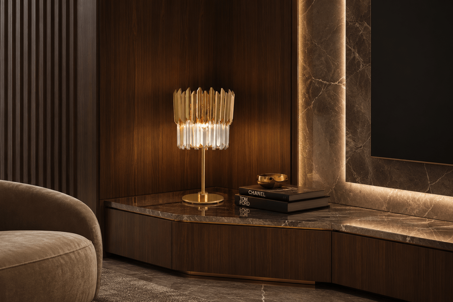 Zarrin Serella luxury crystal table lamp styled on marble console with 24K gold finish and ambient lighting