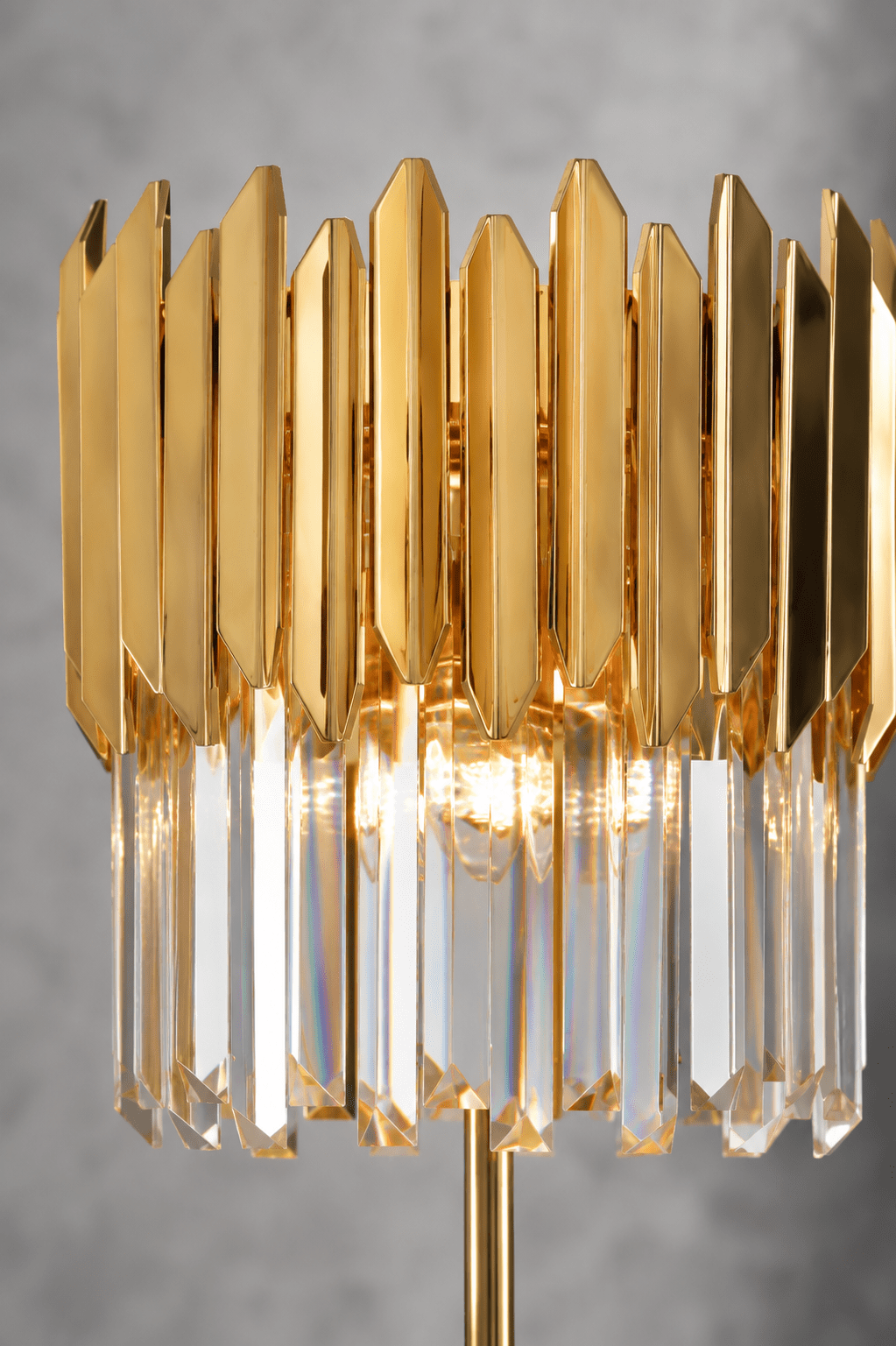 Close-up of Zarrin Serella 24K gold-plated crystal table lamp with precision-cut A+ crystal prisms
