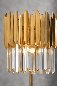Close-up of Zarrin Serella 24K gold-plated crystal table lamp with precision-cut A+ crystal prisms