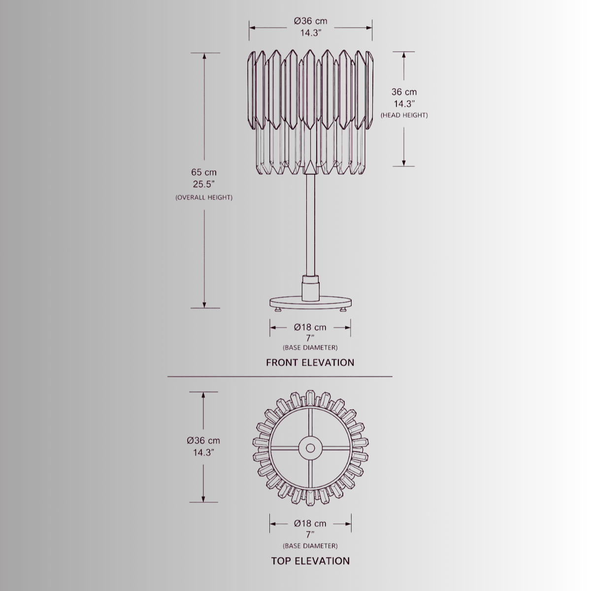Zarrin Serella crystal table lamp CAD technical drawing with dimensions in cm and inches for luxury lighting specification