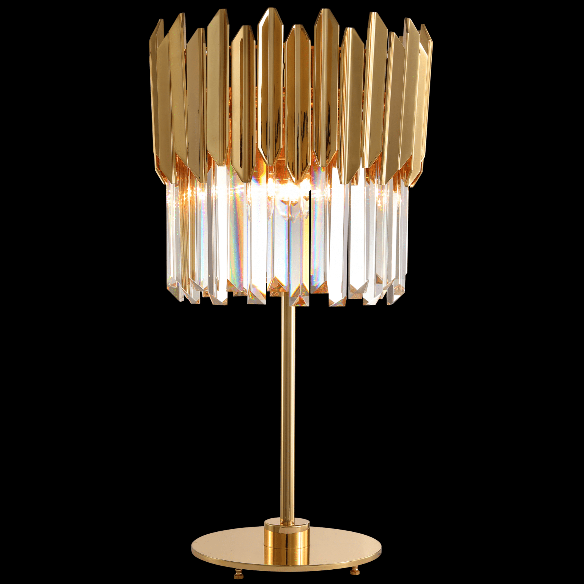 Luxury gold crystal table lamp with brushed 24K gold-plated structure and precision-cut crystal prisms.