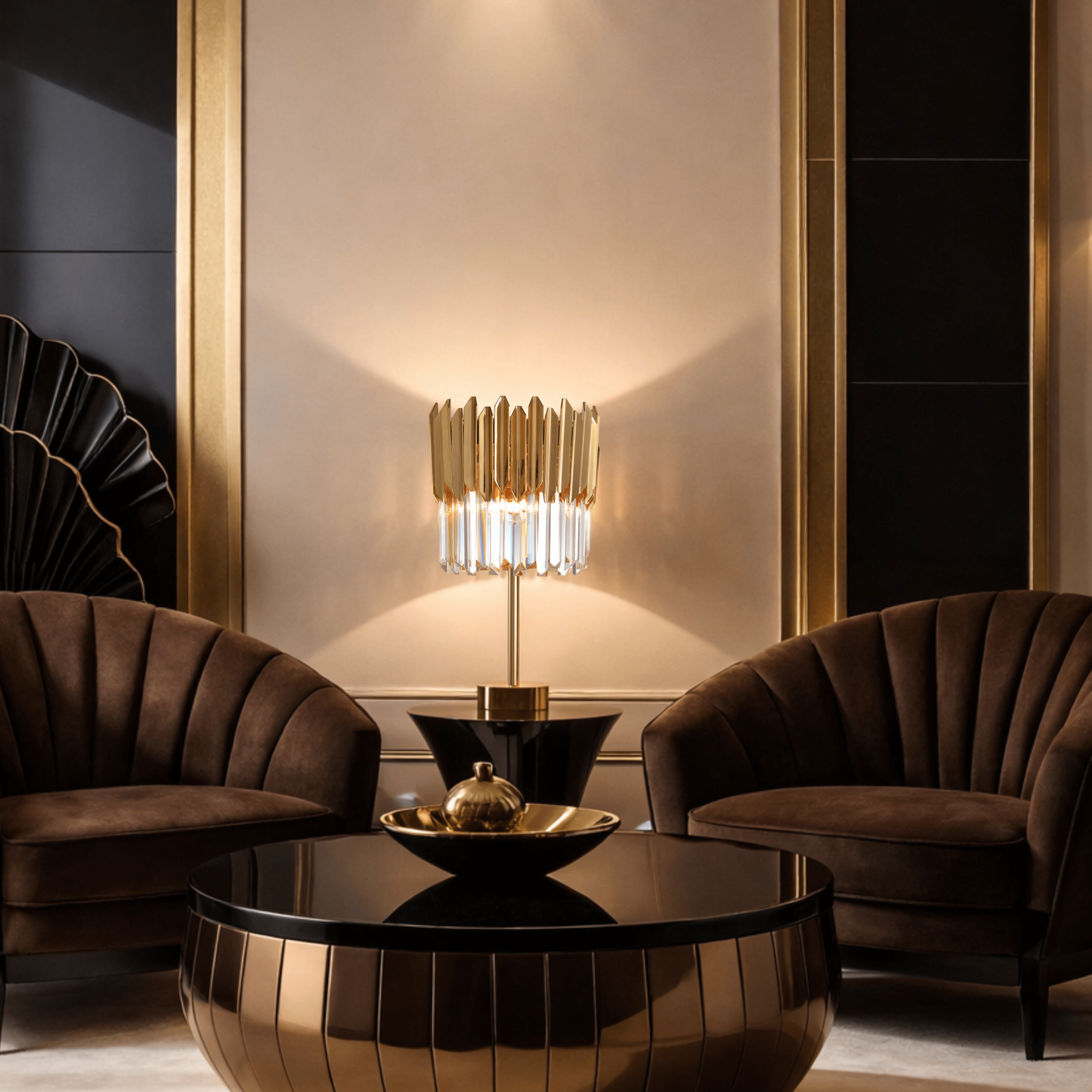 Luxury crystal table lamp placed between lounge chairs in modern luxury living room setting.