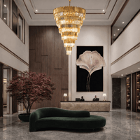 Zarrin Valerion chandelier installed in luxury double-height lobby with cascading crystal illumination