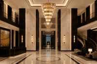 Zarrin Valerion grand crystal chandelier in a luxury double-height Manhattan Residence lobby with marble interiors