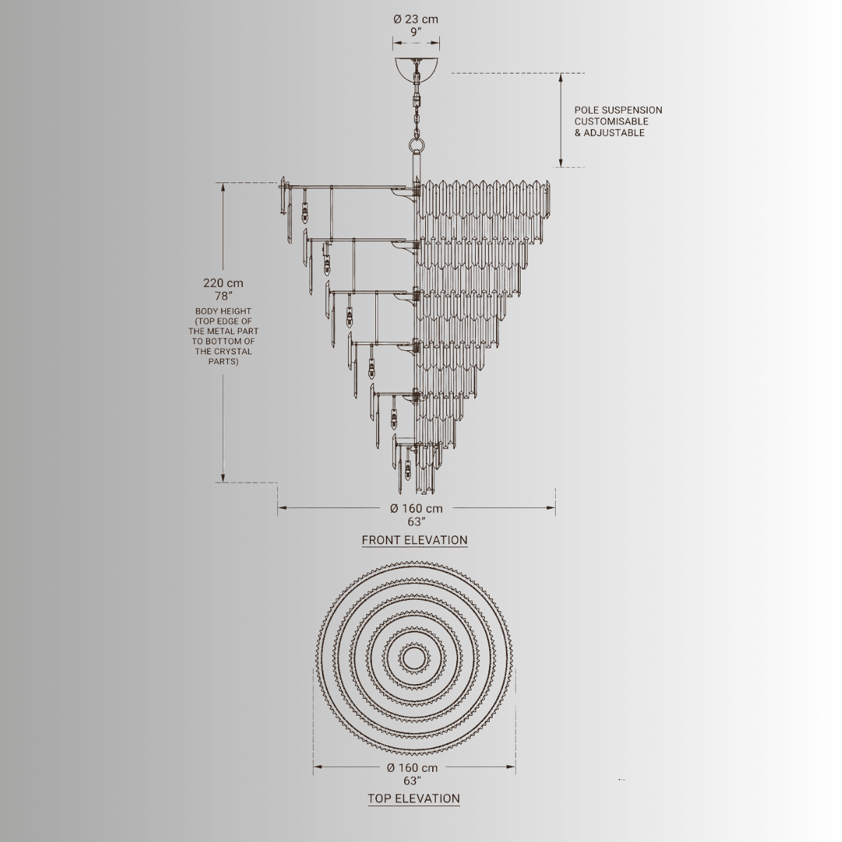 CAD elevation drawing of Zarrin Valerion six-tier luxury crystal chandelier Ø160cm H220cm with dimensions