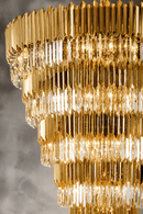 Close-up of Zarrin Valerion 24K gold and A+ crystal luxury chandelier with precision-cut crystal details