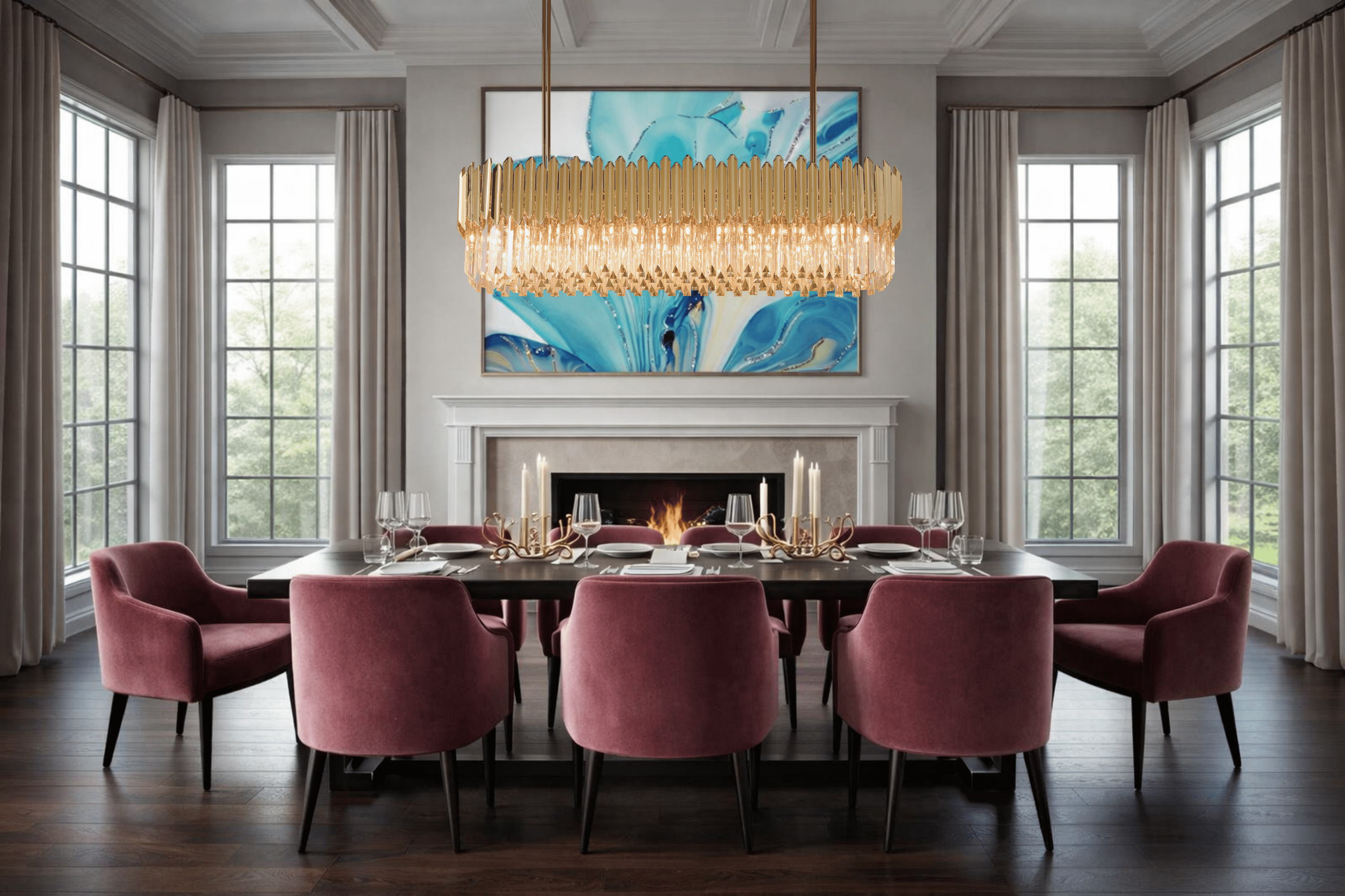 Linear crystal chandelier installed above formal dining table creating balanced architectural lighting.